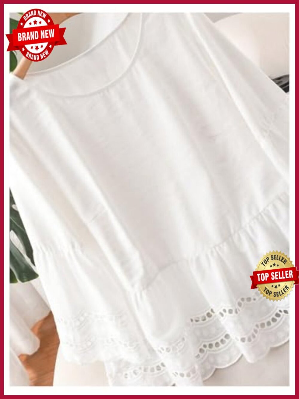 Eyelet Embroidery Peplum Blouse 3/4 Sleeve Crew Neck Flare Hem Summer Top - Picture 3 of 4